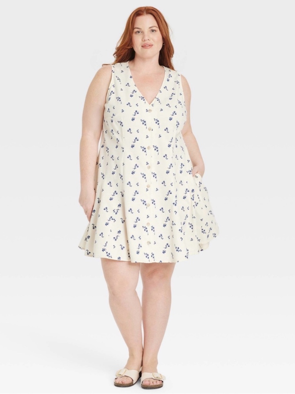 Universal Thread Cream Dress with Blue Floral Print